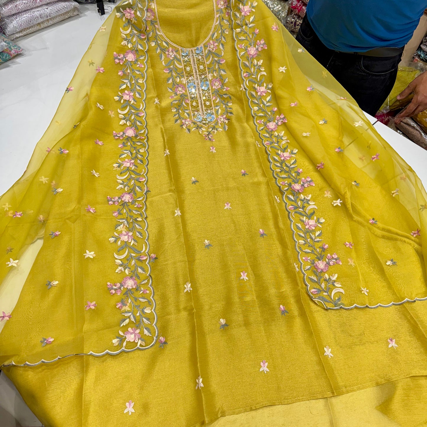 Unstitched Tissue Silk Kalamkari Embroidered Suit with Handwork Neck & Organza Dupatta