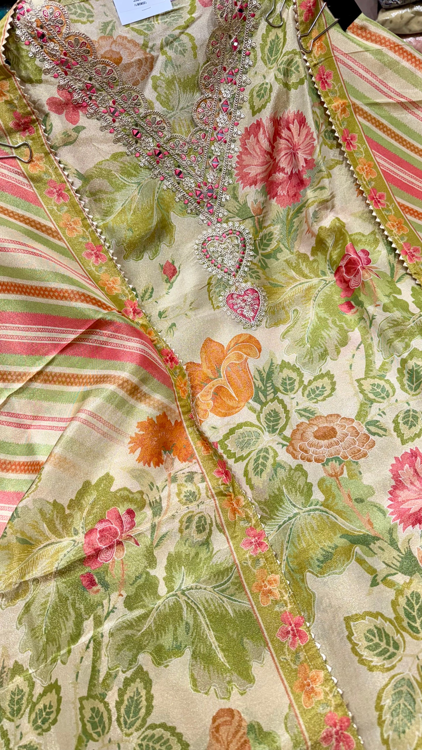Floral Elegance Unstitched Suit in Tissue Silk with Digital Print & Zari Embroidery
