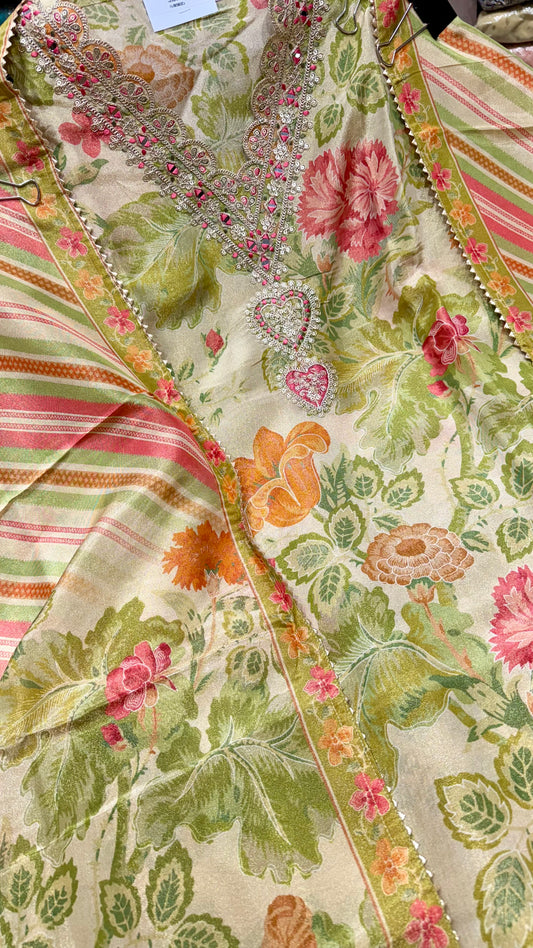 Floral Elegance Unstitched Suit in Tissue Silk with Digital Print & Zari Embroidery