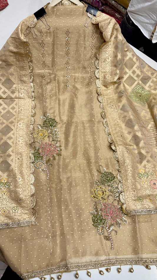 Designer Pure Handloom Tissue Unstitched Suit with Zardozi Handwork & Dupatta