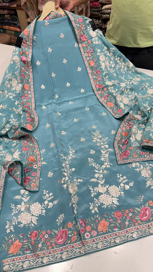 Designer Pure Crepe Unstitched Suit with Kalamkari Embroidered Shirt & Dupatta