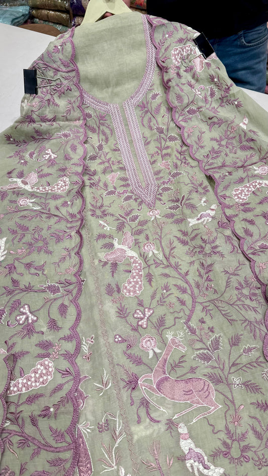 Elegant Pure Mul Cotton Embroidered Suit with Dual Border Dupatta & Cotton Bottom – 3-Piece Set