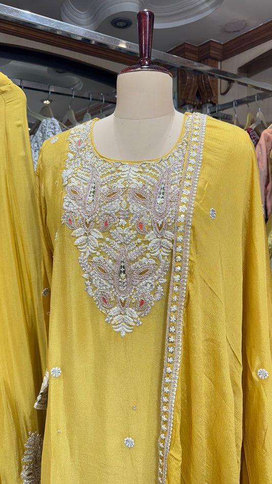 Radiant Mustard Yellow Chinon Crepe Sharara Set | Hand Embroidered Suit with Embroidered Dupatta
