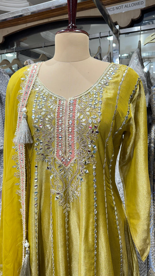 Embroidered Tissue Anarkali with Pakistani Salwar & Dupatta – Handcrafted Mirror & Zari Work