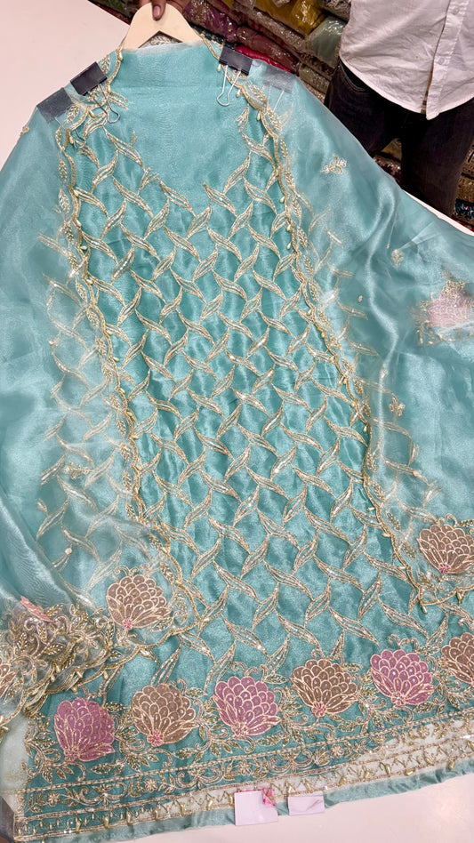 Designer Pure Glass Organza Unstitched Suit with Zardozi Handwork & Embroidered Dupatta