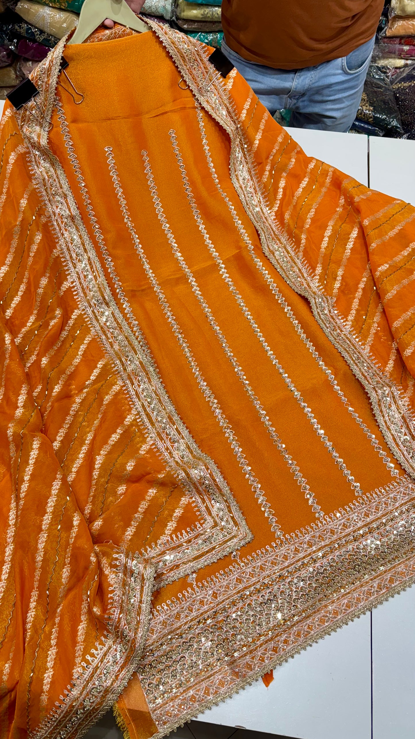 Designer Shimmer Tissue Unstitched Suit with Zardozi, Sequins & Nalki Work