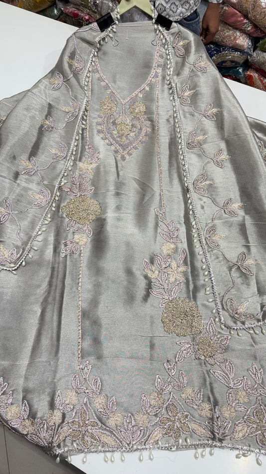 Luxury Shimmer Jiraf Silk Handworked Unstitched Suit Set