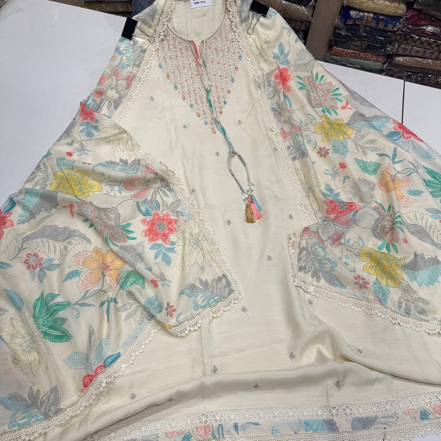 Elegant Cream Floral Embroidered Muslin Suit with Muslin Dupatta