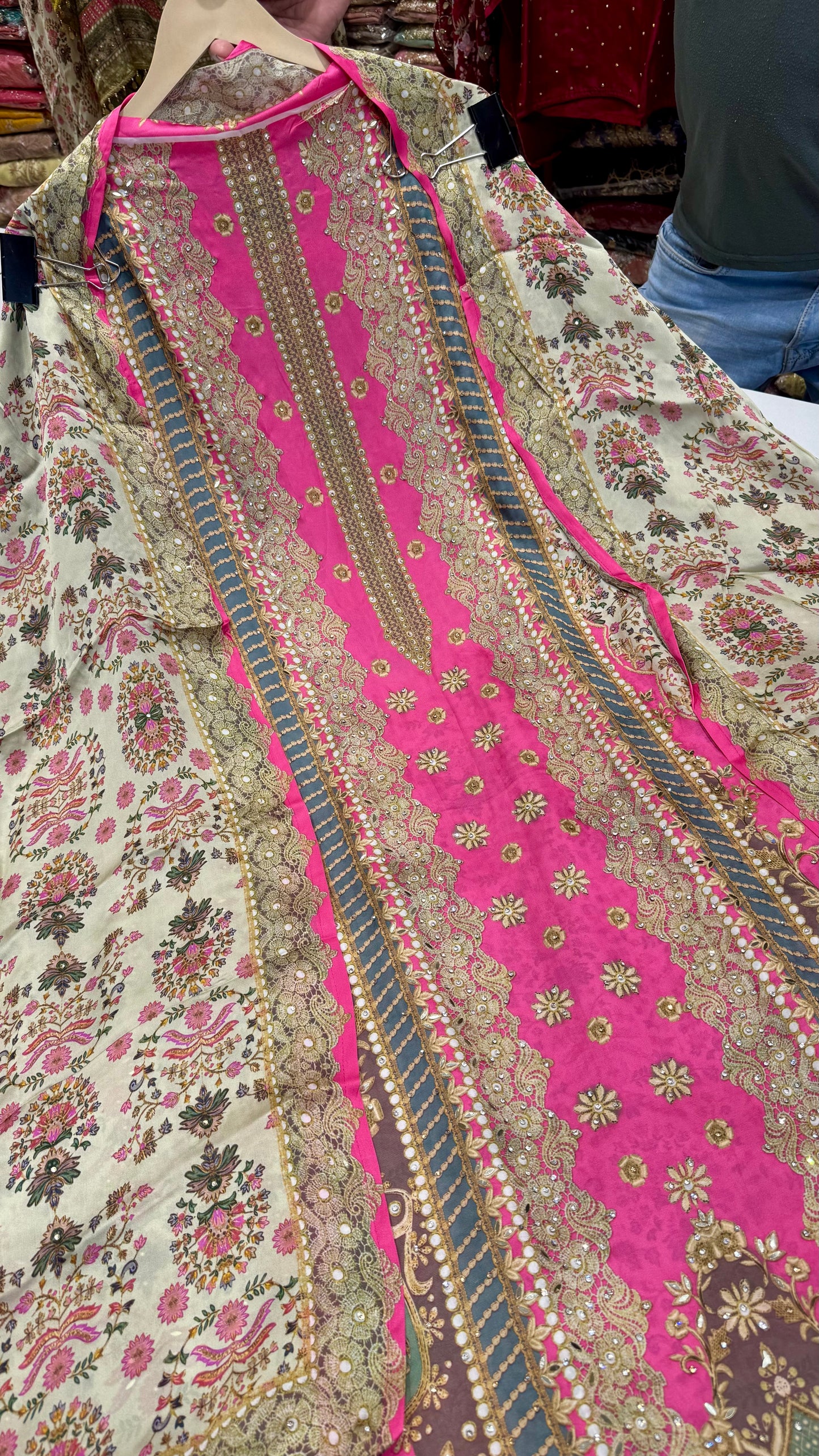 Luxury Pakistani Printed Unstitched Suit in Satin Silk with Zarkan Highlights