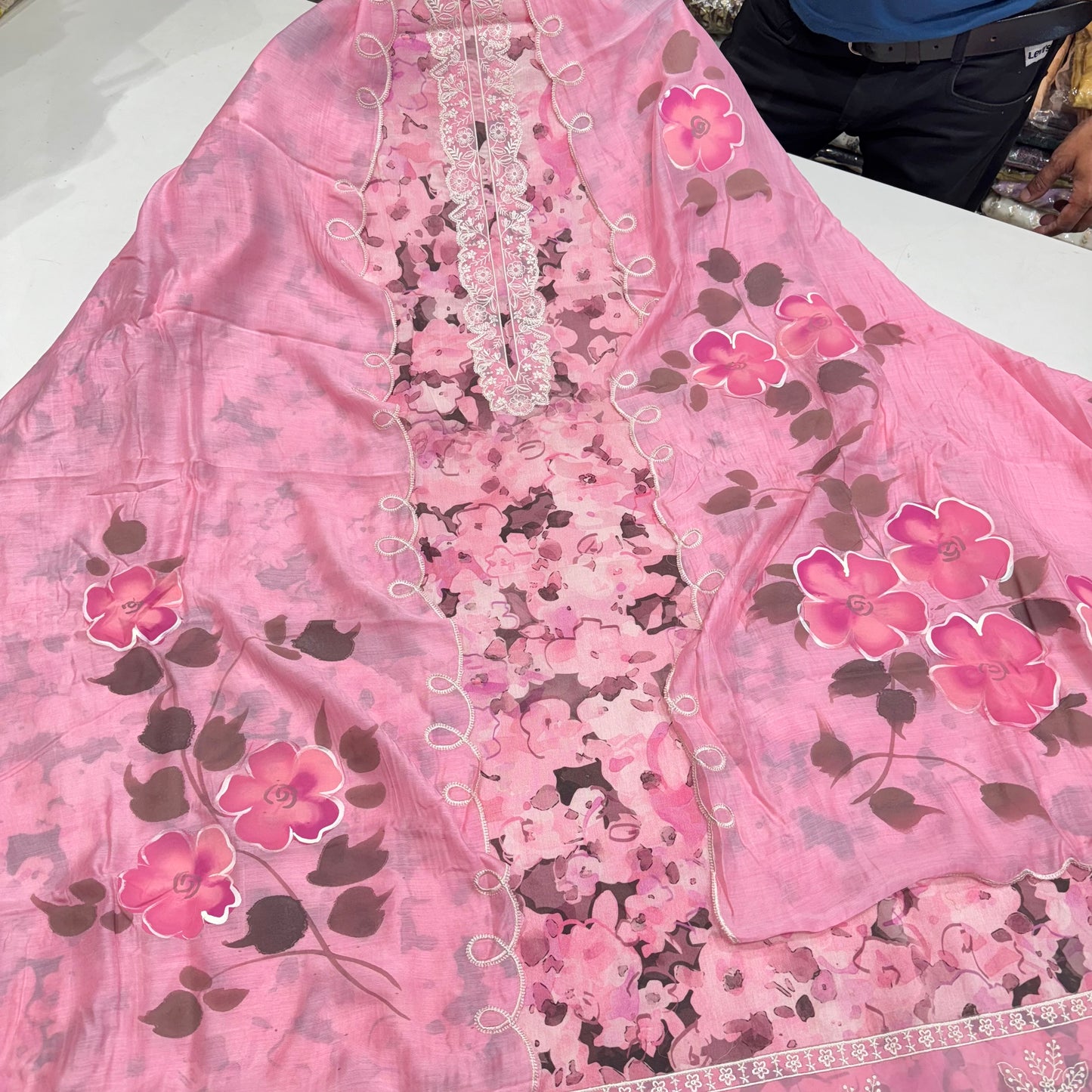 Elegant Pure Cotton Suit with Embroidered Neck & Cutwork Ghera | Hand-Painted Cotton Dupatta Set