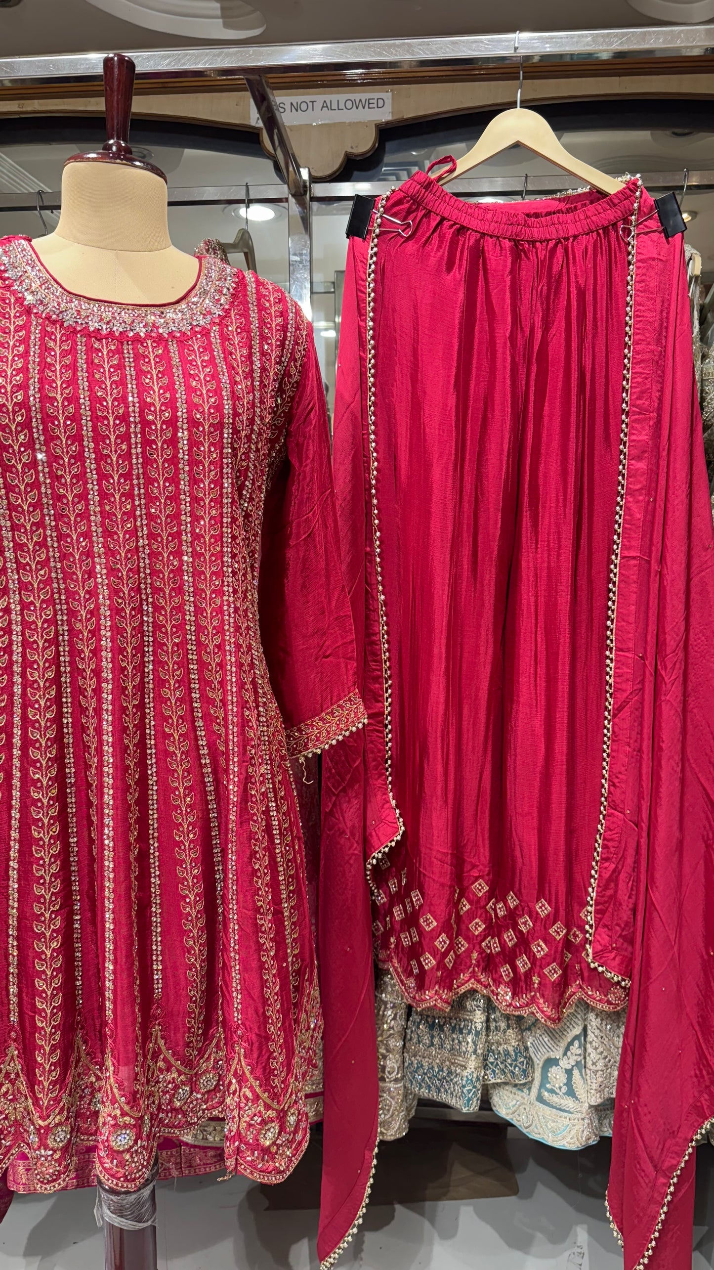 Maroon Anarkali Suit with Gold Embroidery, Sharara Pants & Dupatta – Bridal & Festive Indian Ethnic Wear