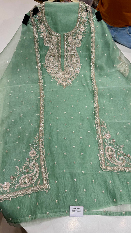 Luxury Hand-Embroidered Pure Glass Organza Unstitched Suit Set