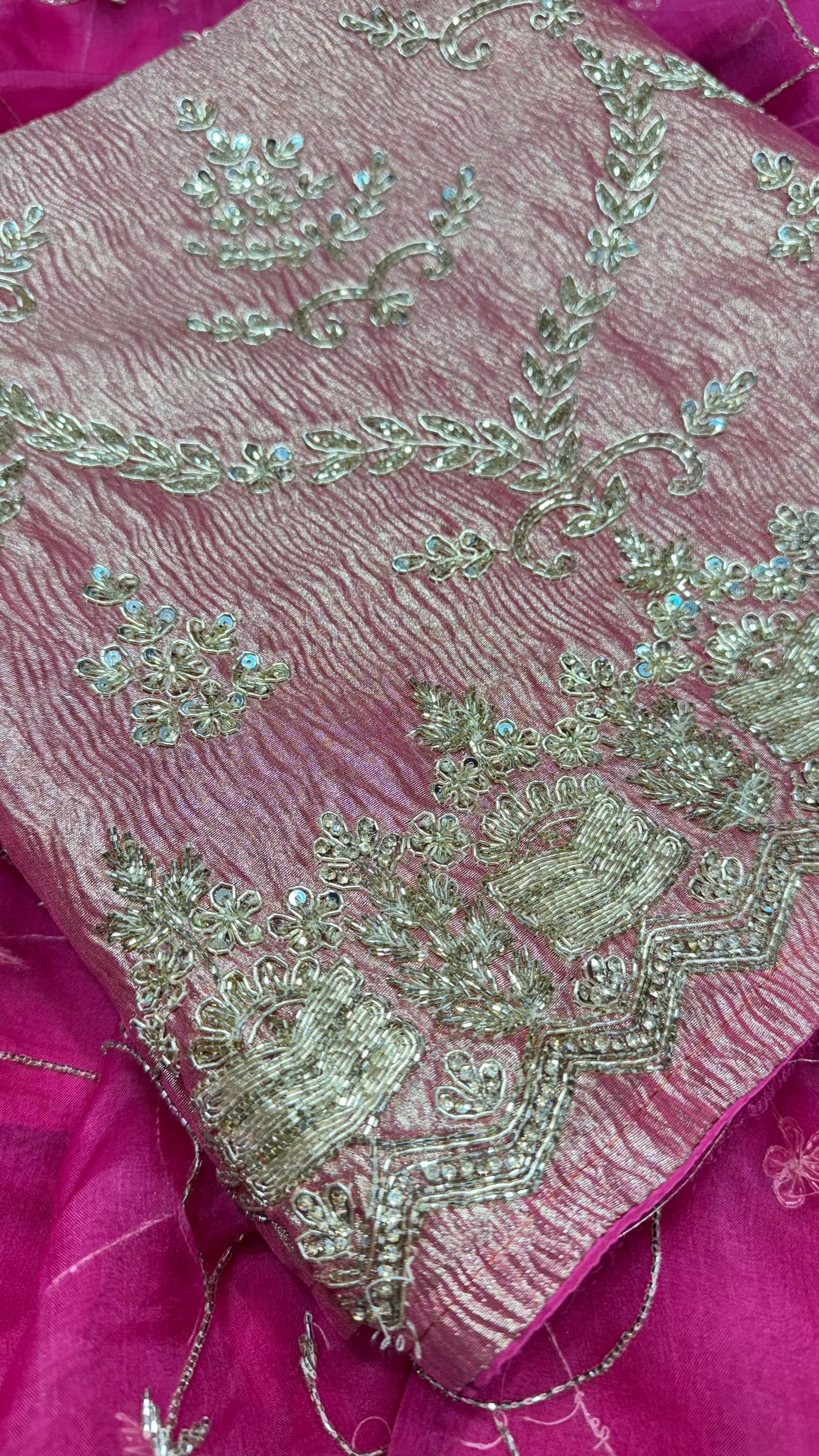 Luxury Rose Pink Pure Crush Tissue Unstitched Suit with Organza Dupatta