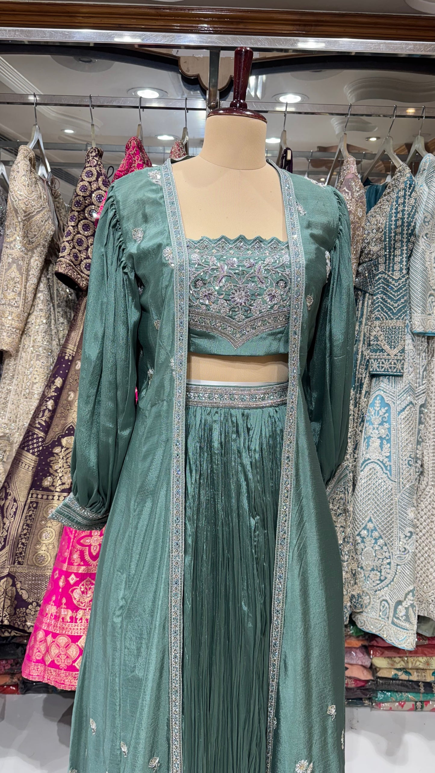 Graceful 3-Piece Indo-Western Cape Dress – Hand Embellished Chinon Crepe Blouse, Skirt & Flowing Cape Jacket