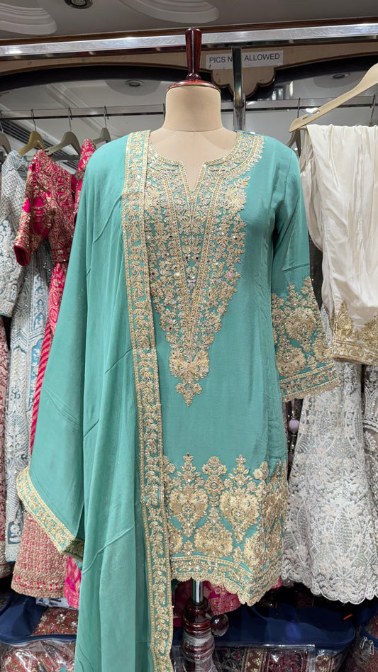 Designer Hand-Embroidered Pure Chinon Farshi Salwar Suit – Readymade Free Size (Up to 46” Bust)