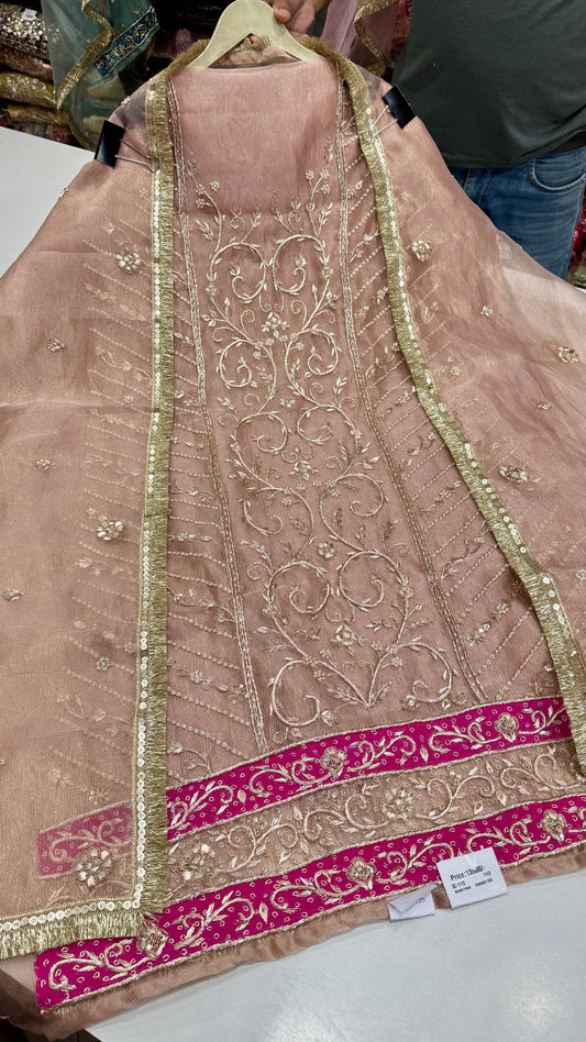 Elegant Hand Embroidered Pure Crush Organza Unstitched Suit