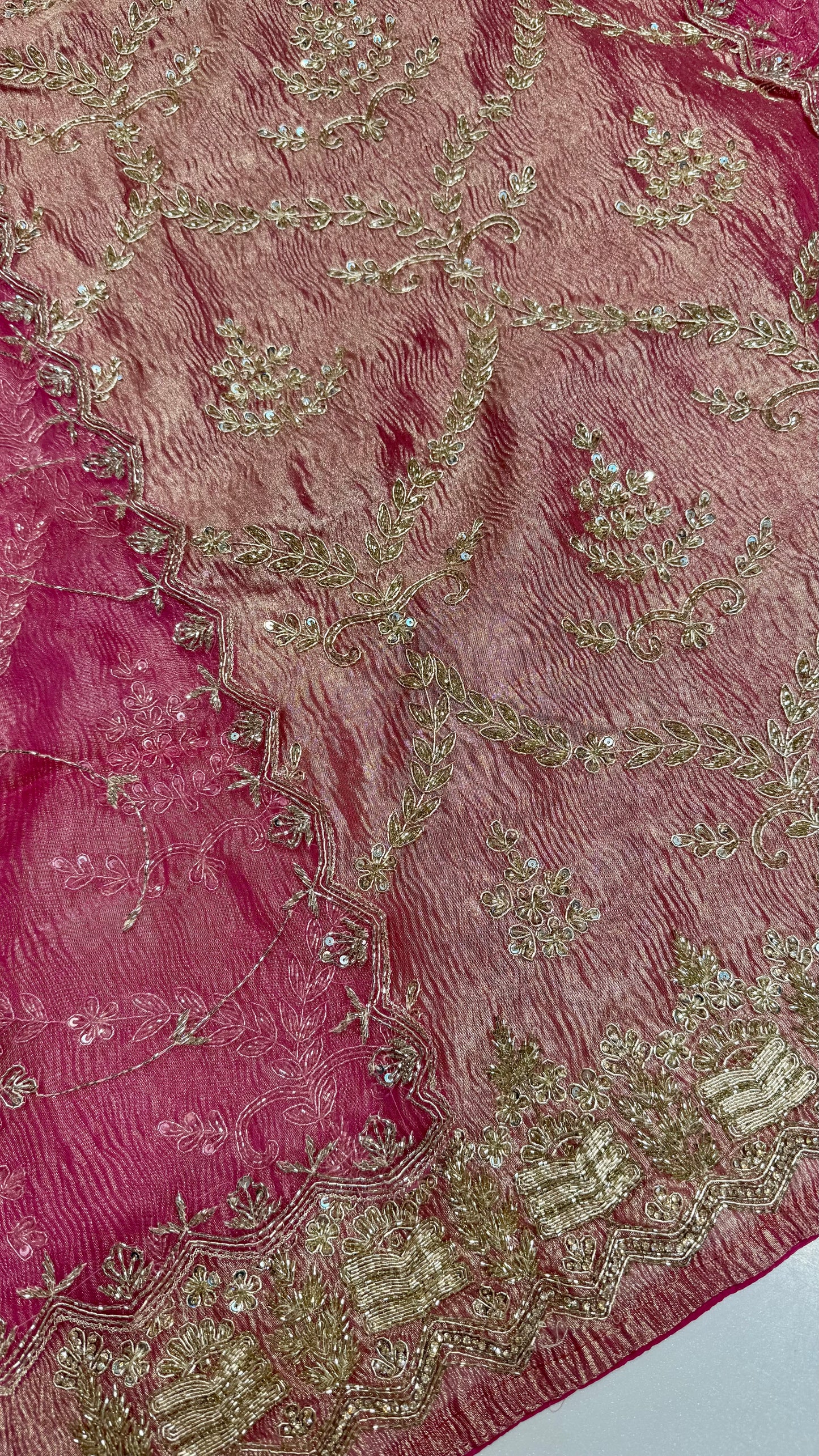 Luxury Rose Pink Pure Crush Tissue Unstitched Suit with Organza Dupatta
