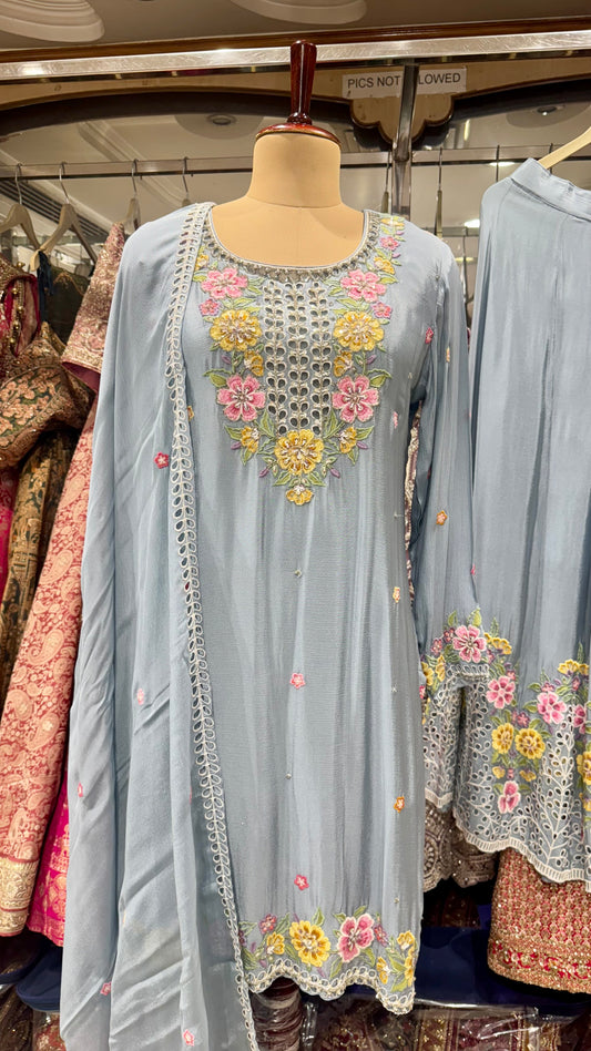 Elegant Sky Blue Pure Chinon Hand Embroidered Readymade Lehenga Suit – Free Size (Up to 44” Bust)