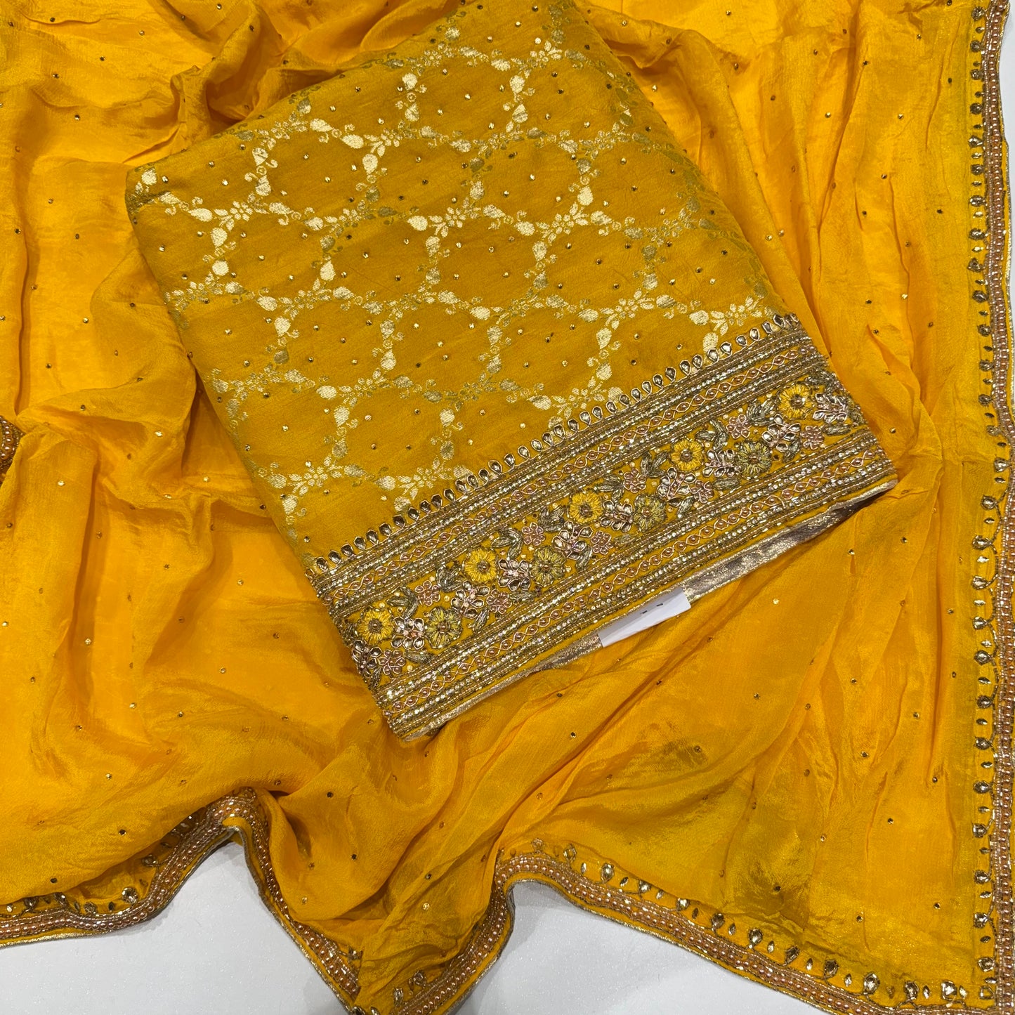 Banarsi Silk Handwork Suit set with Chinon dupatta
