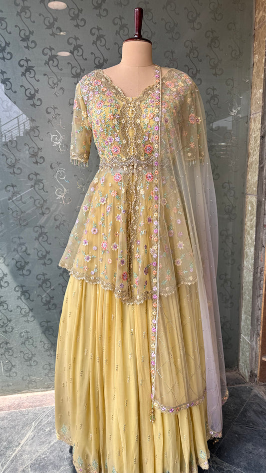 Elegant Indo-Western Net Peplum Front-Cut Lehenga Set with Embroidered Georgette Lehenga & Net Dupatta