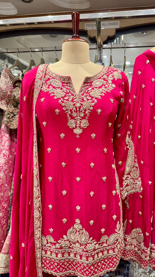Royal Fuchsia Pink Pure Chinon Zardozi Hand Embroidered Sharara Suit – Readymade (Free Size up to 44” Bust)