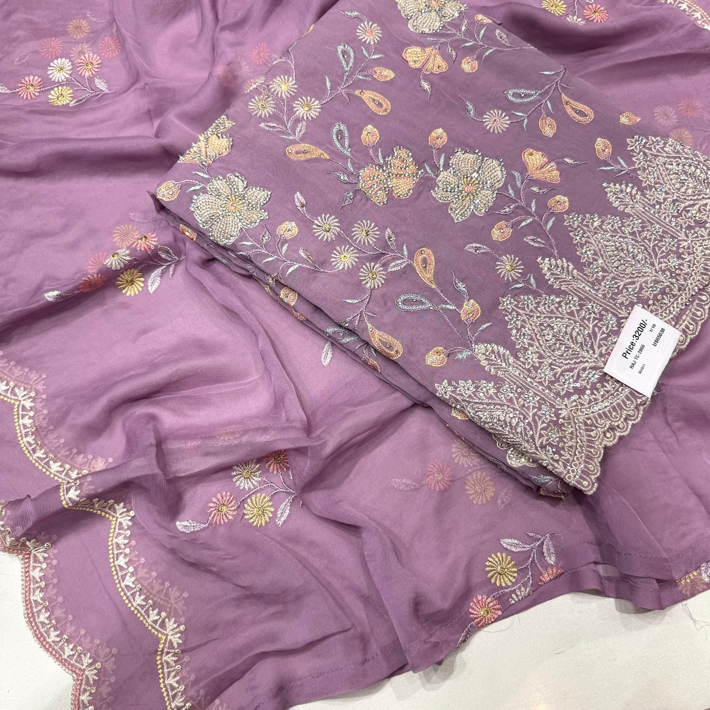 Multicolor Thread work Orgenza Suit set with chiffon dupatta