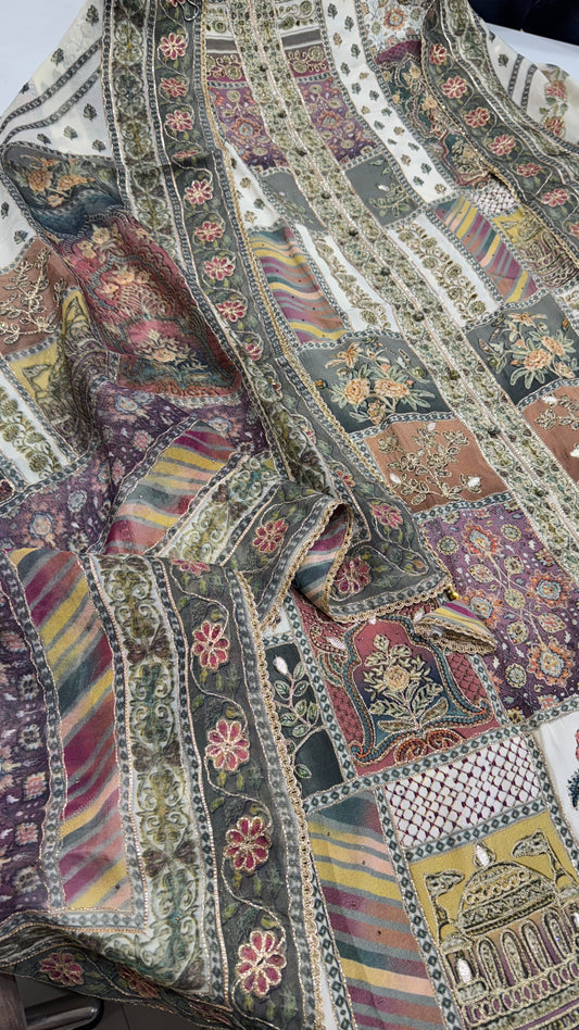 Unstitched Pakistani Pure Crepe Achkan Style Printed & Zari Work Suit with Designer Organza Dupatta & Crepe Bottom