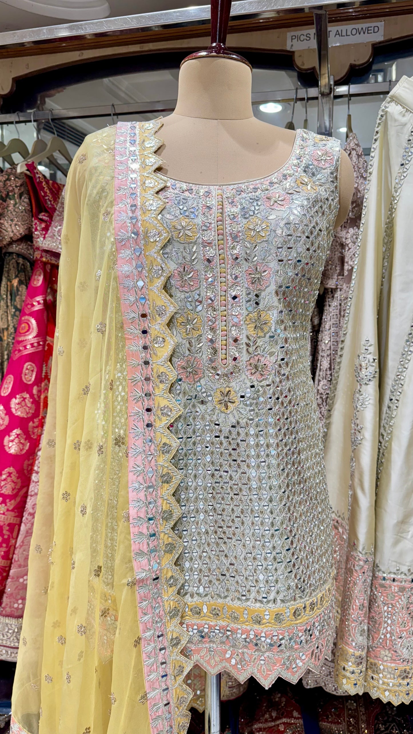 Pastel Mirror & Gotta Hand Embroidered Silk Sharara Suit – Readymade Free Size (Up to 42” Bust)