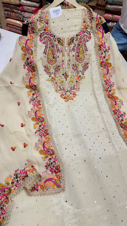 Luxury Hand Embroidered Pure Tissue Suit with Organza Dupatta & Silk Bottom