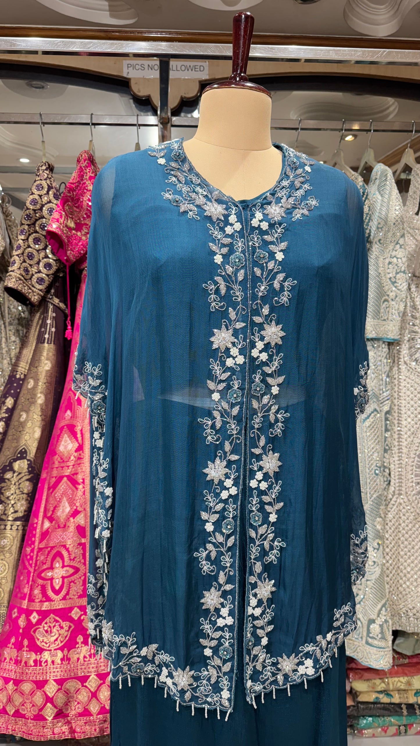 Elegant 3-Piece Indo-Western Kaftan Set – Hand Embroidered Organza kaftan with Chinon Crepe Blouse & Sharara