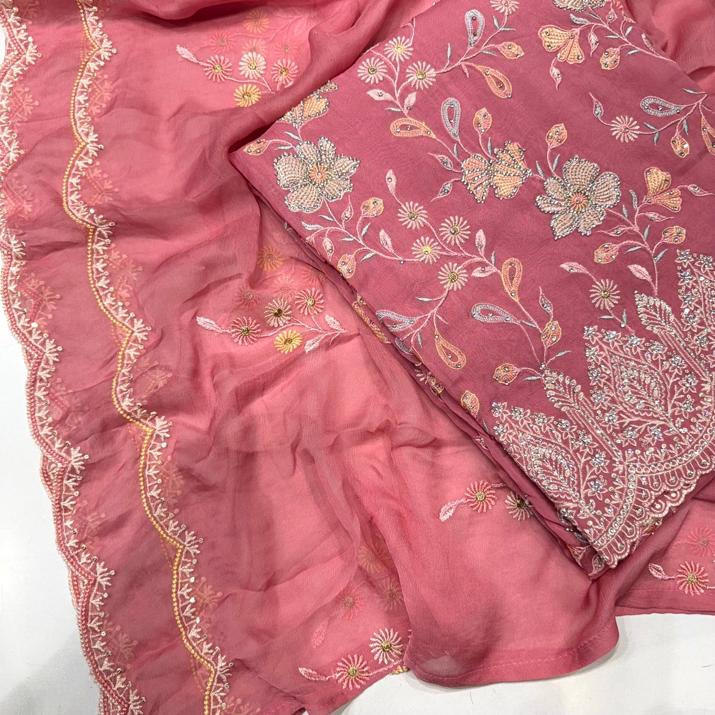 Multicolor Thread work Orgenza Suit set with chiffon dupatta