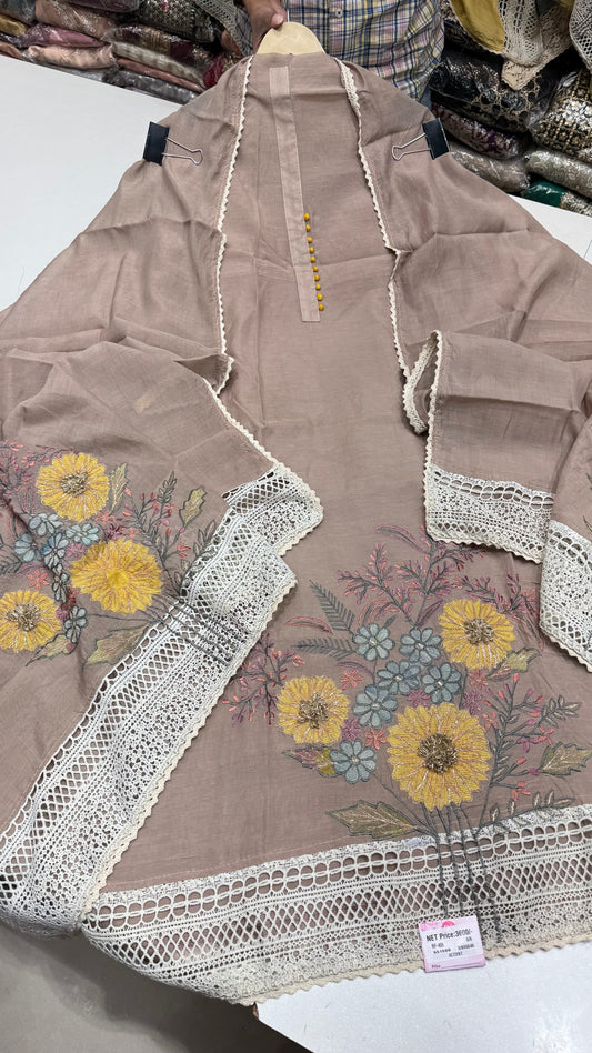 Pure Mulmul Cotton Designer Embroidered Suit Set with Mulmul Dupatta & Cotton Silk Bottom