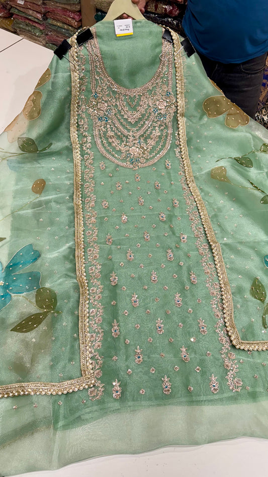 Glass Organza Unstitched Suit with Heavy Zardozi Hand Embroidery
