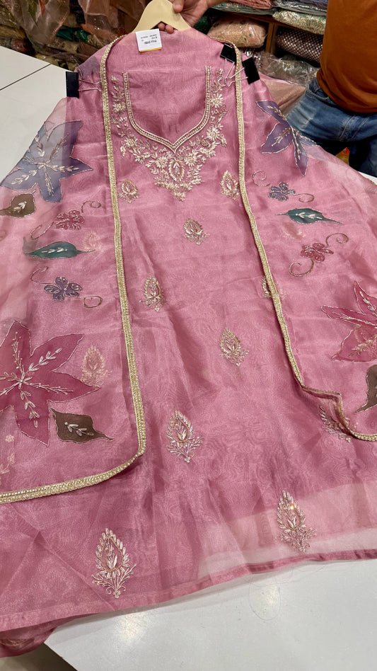 Pastel Elegance Hand Embroidered Unstitched Glass Organza Suit Set