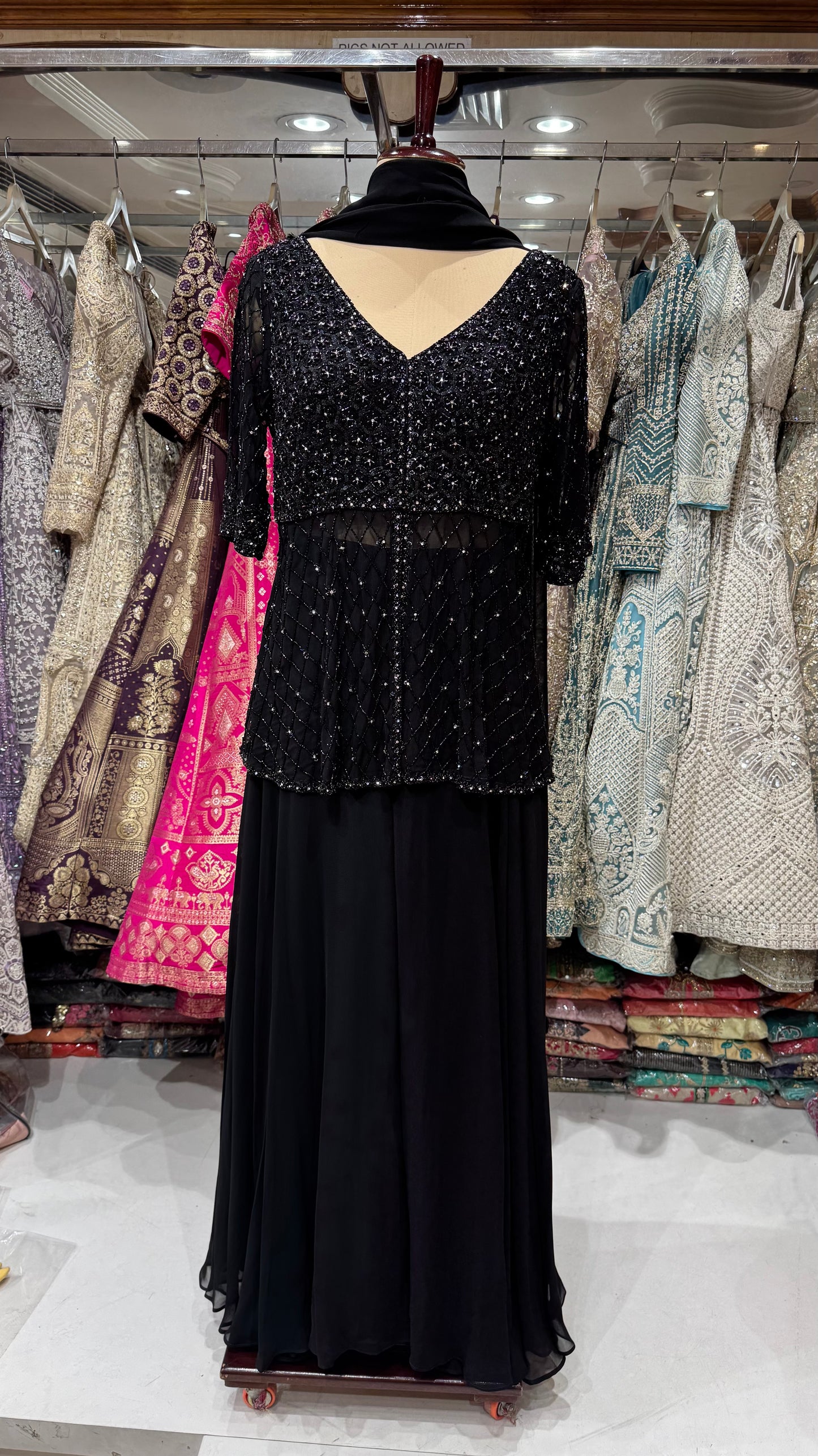 Designer Black Indo-Western Georgette Sharara Set – Hand Embroidered Front-Cut Choli with Flared Sharara