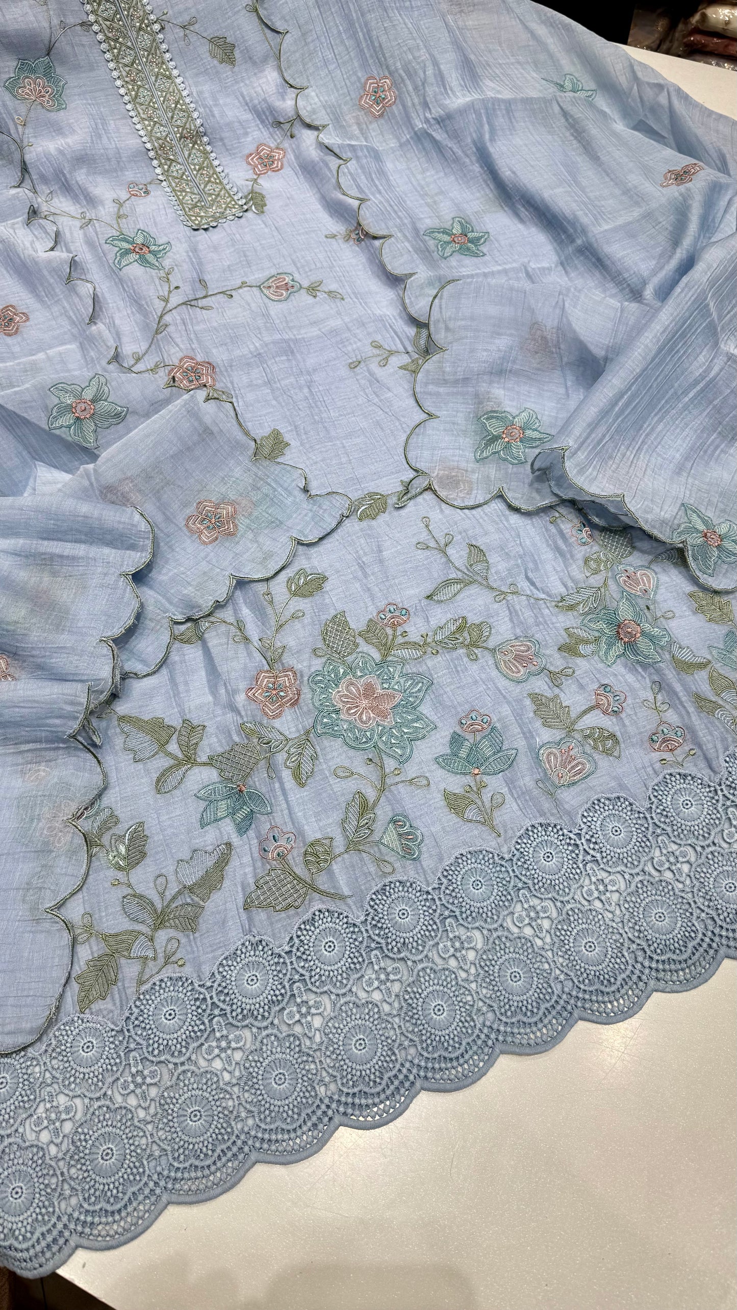 Unstitched Pure Mulmul Thread Embroidered Suit with Designer Cutwork Dupatta & Soft Silk Bottom