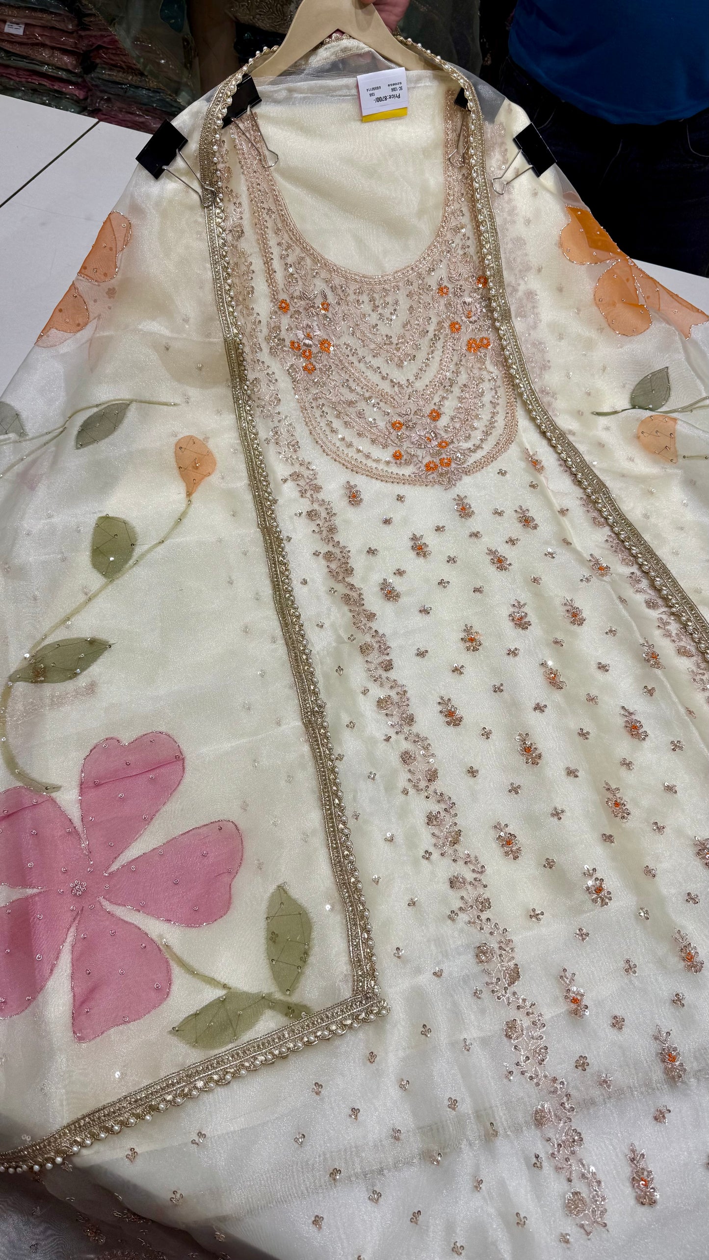 Glass Organza Unstitched Suit with Heavy Zardozi Hand Embroidery