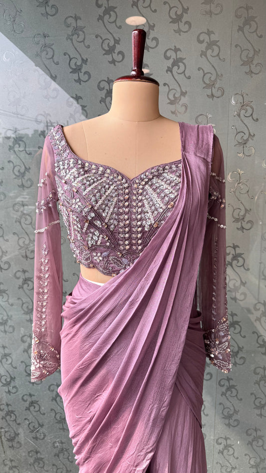 Dusty Mauve Hand Embroidered Blouse with Pre-Draped Pure Chinon Crepe Saree