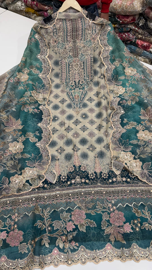 ✨ Sabyasachi Inspired Pure Organza Silk Designer Unstitched Suit Set