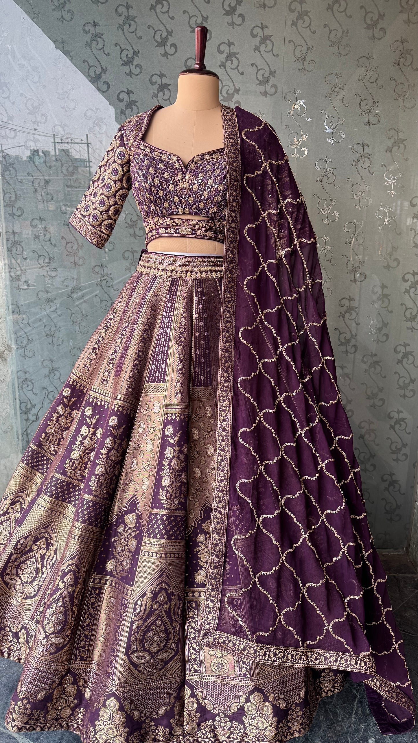 Royal Purple Embroidered Banarasi Lehenga Choli Set with Chiffon Dupatta