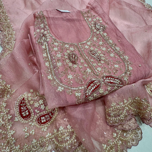 Crush orgenza hand work neck four side border dupatta suit set