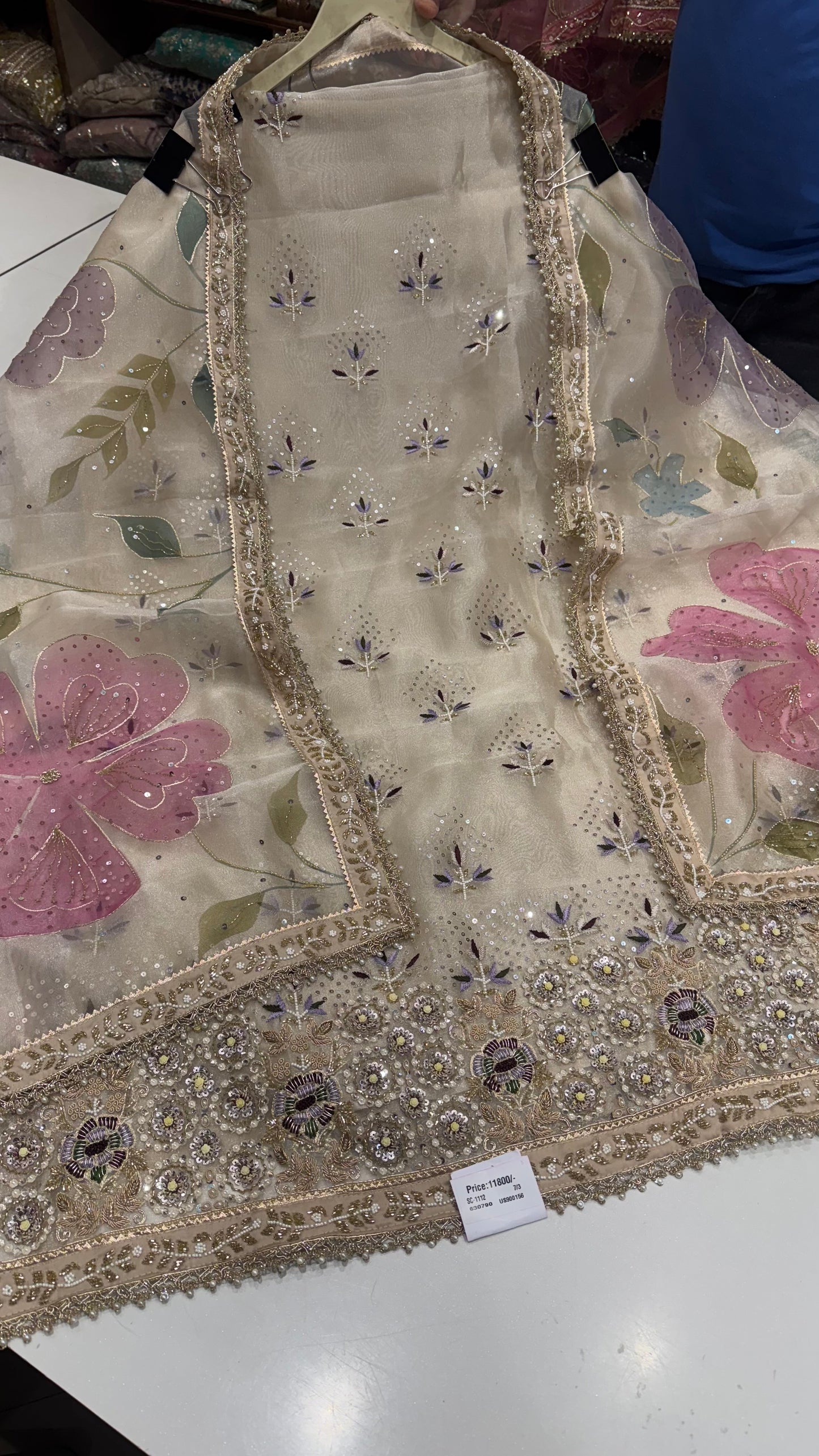 Pure Glass Organza Unstitched Suit with Zardozi Embroidery