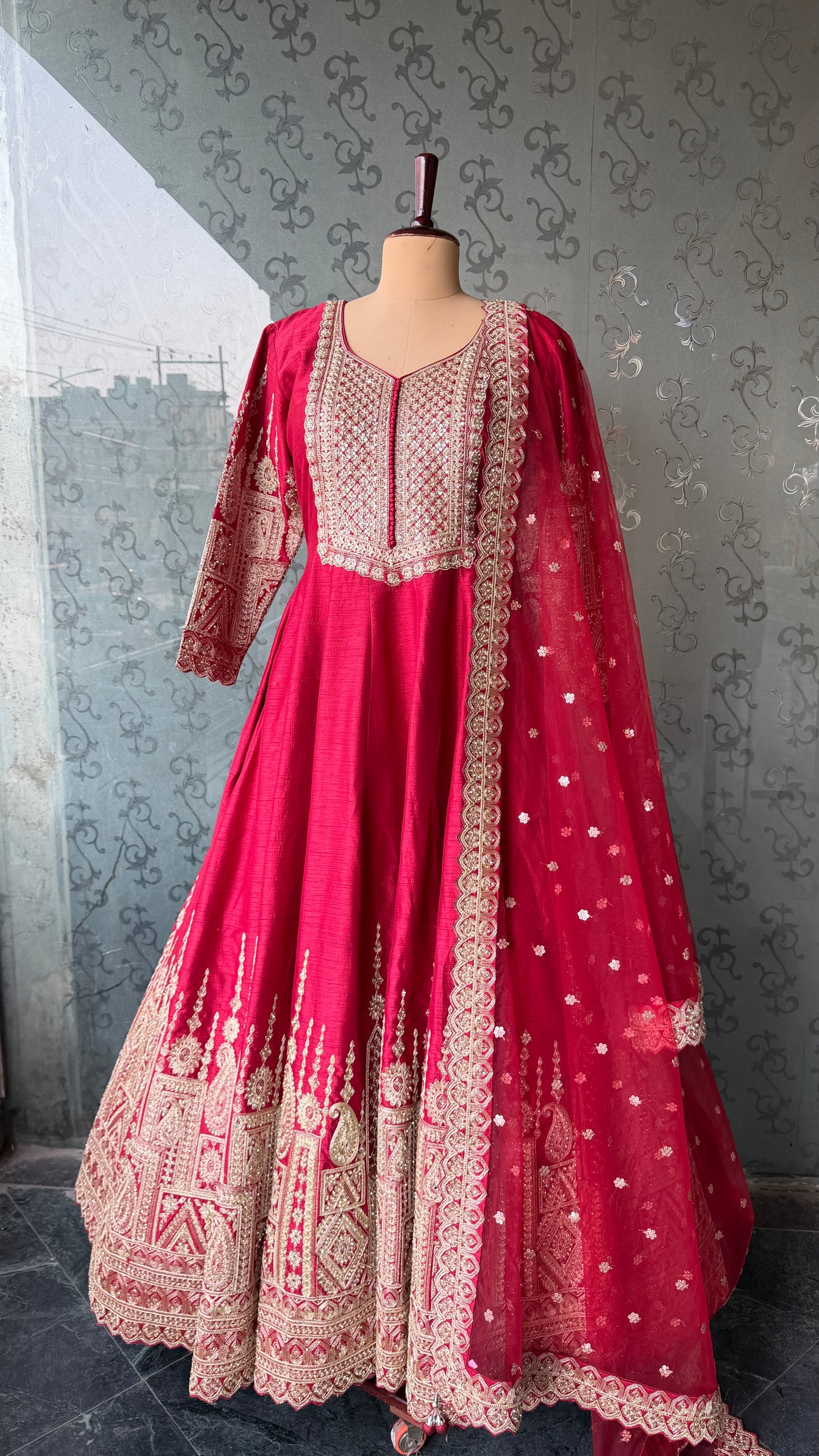 Elegant Raw Silk Floor-Length Readymade Anarkali with Heavy Net Dupatta (Free Size up to 44 Bust)