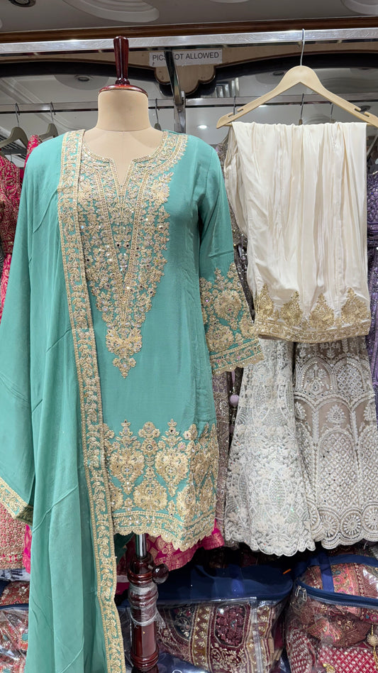 Designer Hand-Embroidered Pure Chinon Farshi Salwar Suit – Readymade Free Size (Up to 46” Bust)