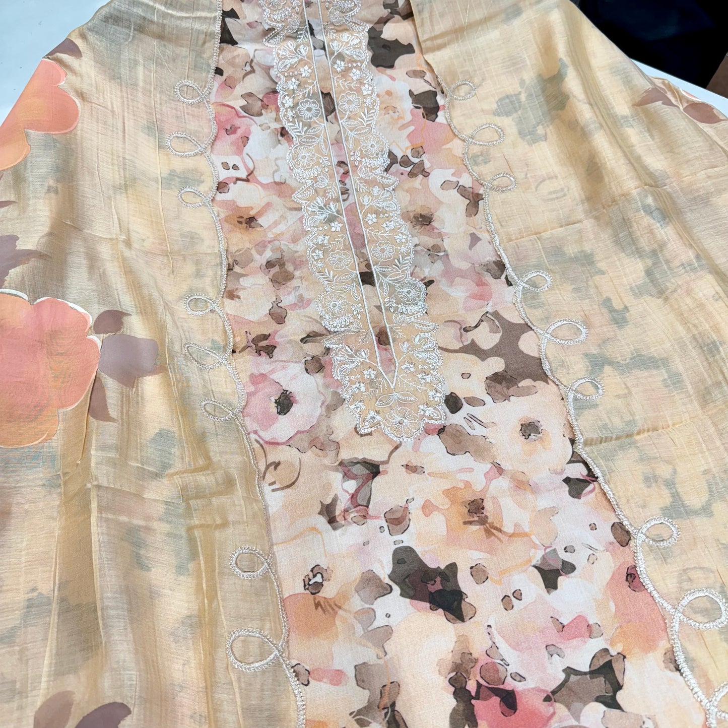 Elegant Pure Cotton Suit with Embroidered Neck & Cutwork Ghera | Hand-Painted Cotton Dupatta Set