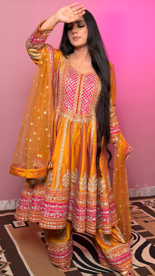 Pure Silk Embroidered Anarkali with Farshi Salwar Suit – Readymade (Free Size Up to 42” Bust)