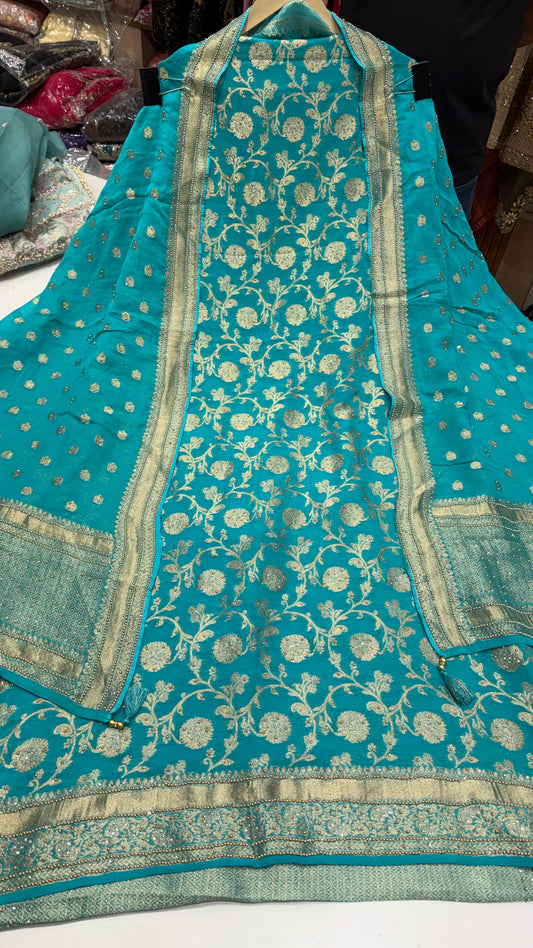Luxury Unstitched Pure Mysore Georgette Suit | Khaddi Handloom Weaving with Heavy Embroidery Highlight | Designer Daman, Sleeves Work & Handwoven Khadi Dupatta | Festive Wedding Wear