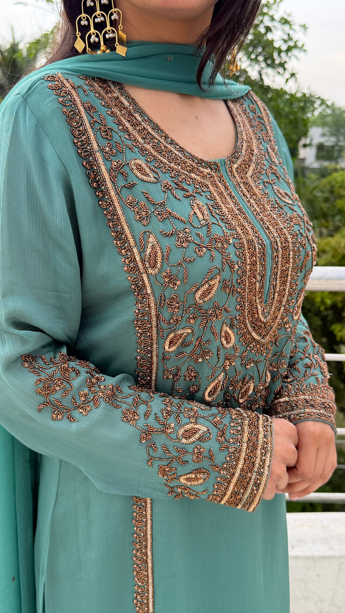 Elegant Teal Chinon Suit with Embroidered Pants & Dupatta