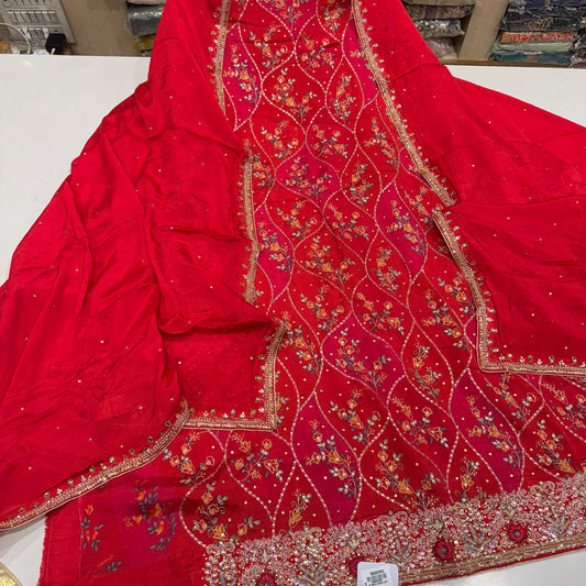 Elegant Hand-Embroidered Unstitched Suit Fabric with Intricate Floral and Sequin Detailing