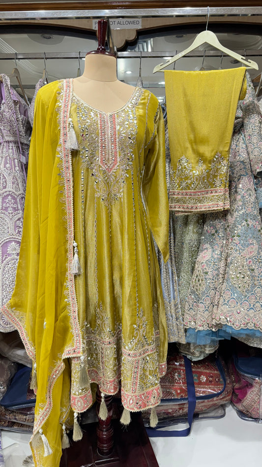 Embroidered Tissue Anarkali with Pakistani Salwar & Dupatta – Handcrafted Mirror & Zari Work